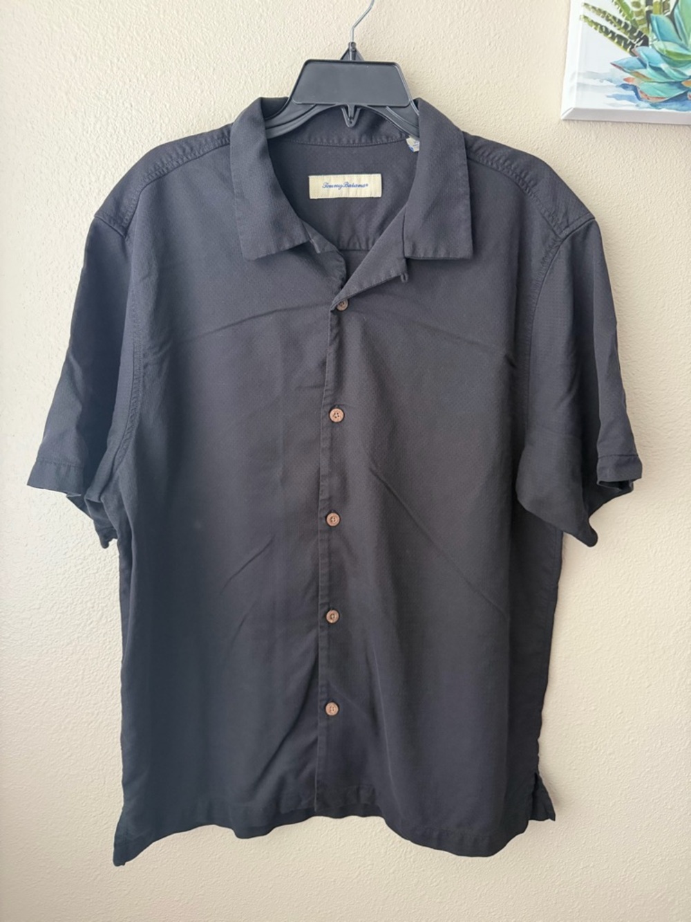 TOMMY BAHAMA Men's XL Washable Silk Black Textured Collared Shirt Button Down